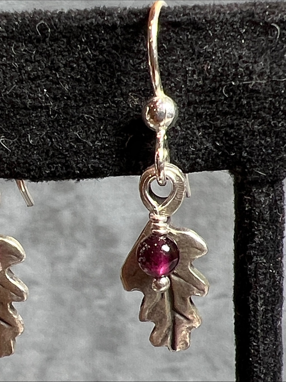 Garnet gemstones with oak leaf charms Sterling Silver earwires, dangle earring - Picture 6 of 9